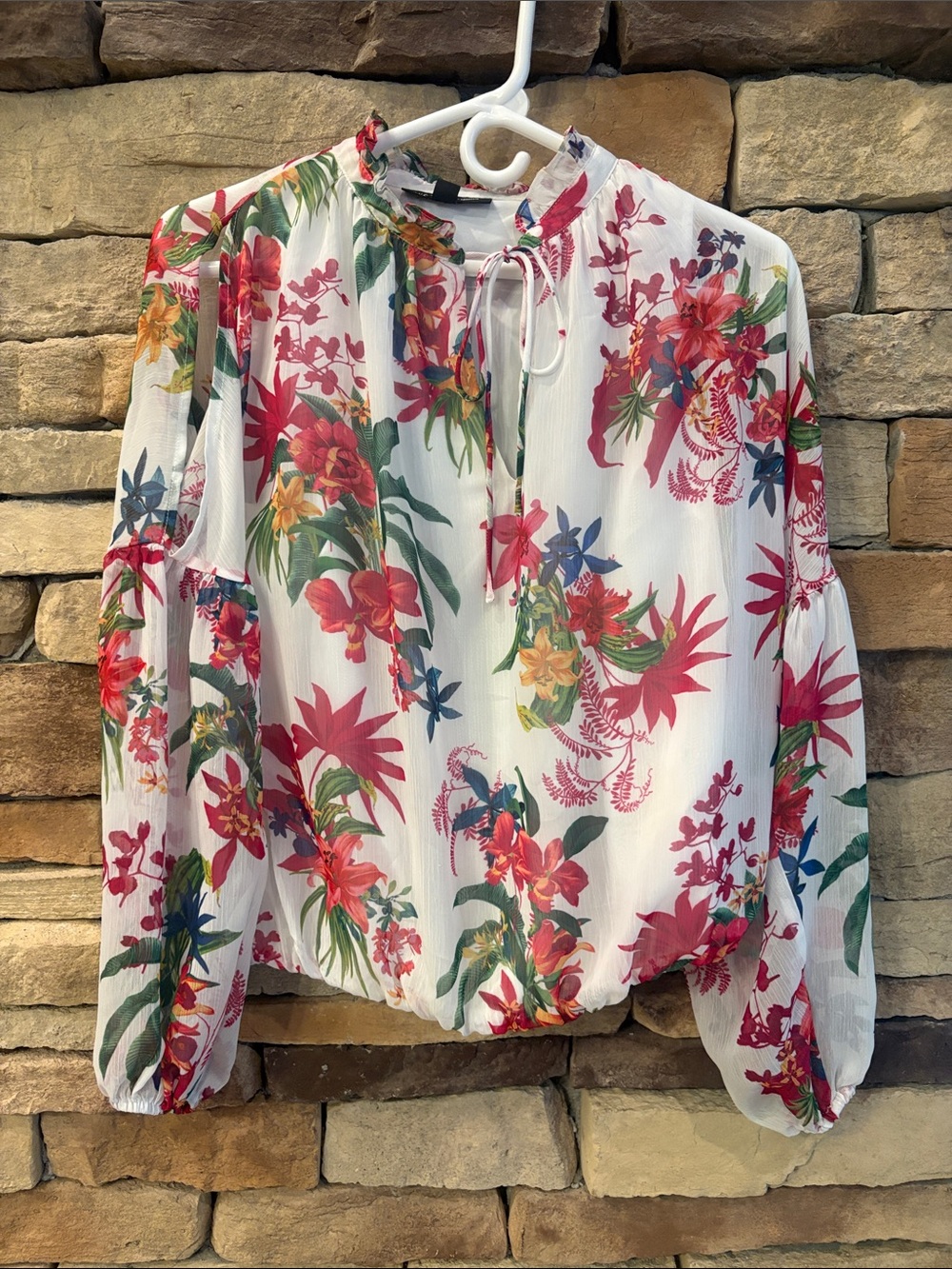 Floral Tie-Neck Long Sleeve Top - White Multi